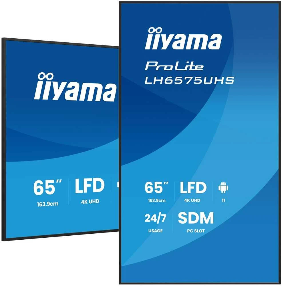 Monitorius „Iiyama LH6575UHS-B2AG“ 65 colių 4K UHD profesionalus skaitmeninis reklaminis ekranas, veikiantis visą parą, su „Android“ OS, „FailOver“ ir „Intel® SDM“ lizdu.