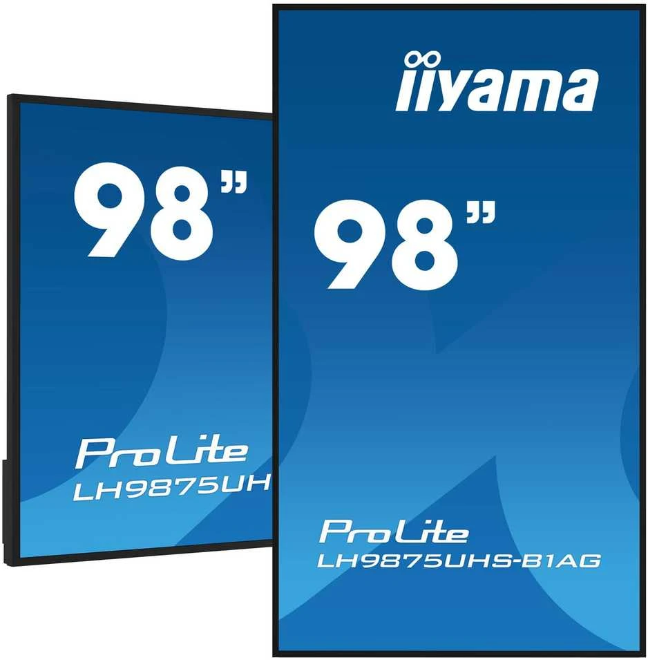 Monitorius „Iiyama 98“ 3840x2160, UHD IPS panelė, 25 % miglos lygis, 500 cd/m², 2 x 16 W garsiakalbiai, kelios įvestys: DVI-I VGA, 3 HDMI, DP išvestis, 2 USB 2.0, „Wi-Fi“, LAN, medijos grotuvas, RS232C, „iiSignage2“ (CMS/DMS), „E-Share“, „Android 11“ OS, OPS kompiuterio lizdas
