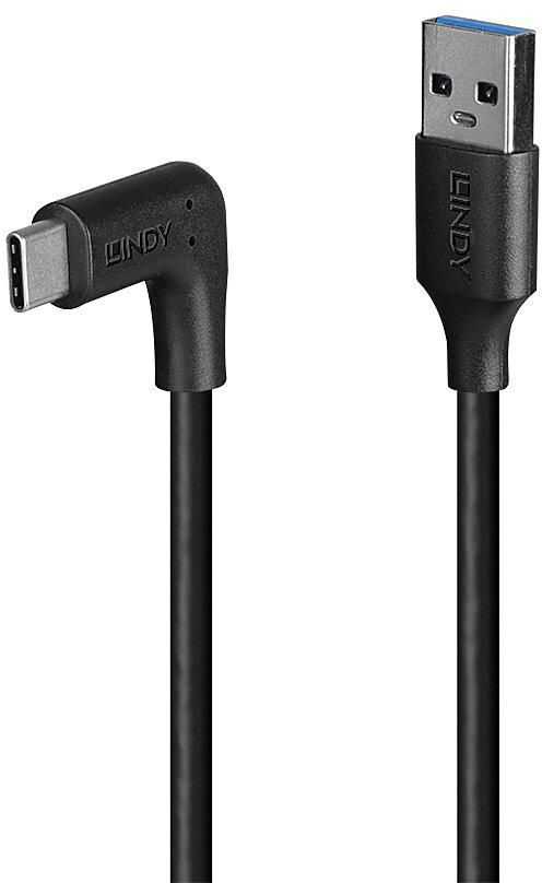 USB Laidas - LINDY USB 3.2 Type A į C Laidas, M/M, 10Gbps, 90° Dešinysis Kampas, 1.5 m, Juodas