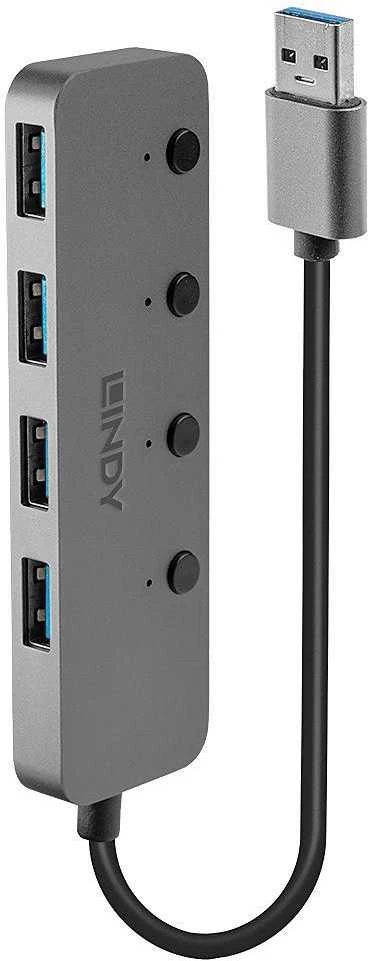 USB Hub - LINDY 4 Prievadų USB 3.0 Hub su Maitinimo/Išjungimo Jungikliais, 5 Gbps, Type A