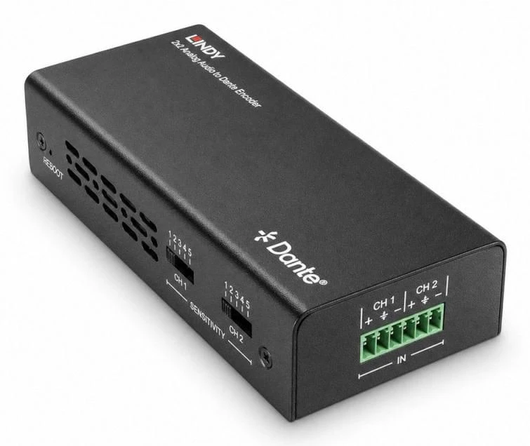 Garso Kodavimo Įrenginys - Lindy 2ch Analoginis Garso į Dante® Kodavimo Įrenginys, 96kHz, RJ45 Išėjimas, Juodas