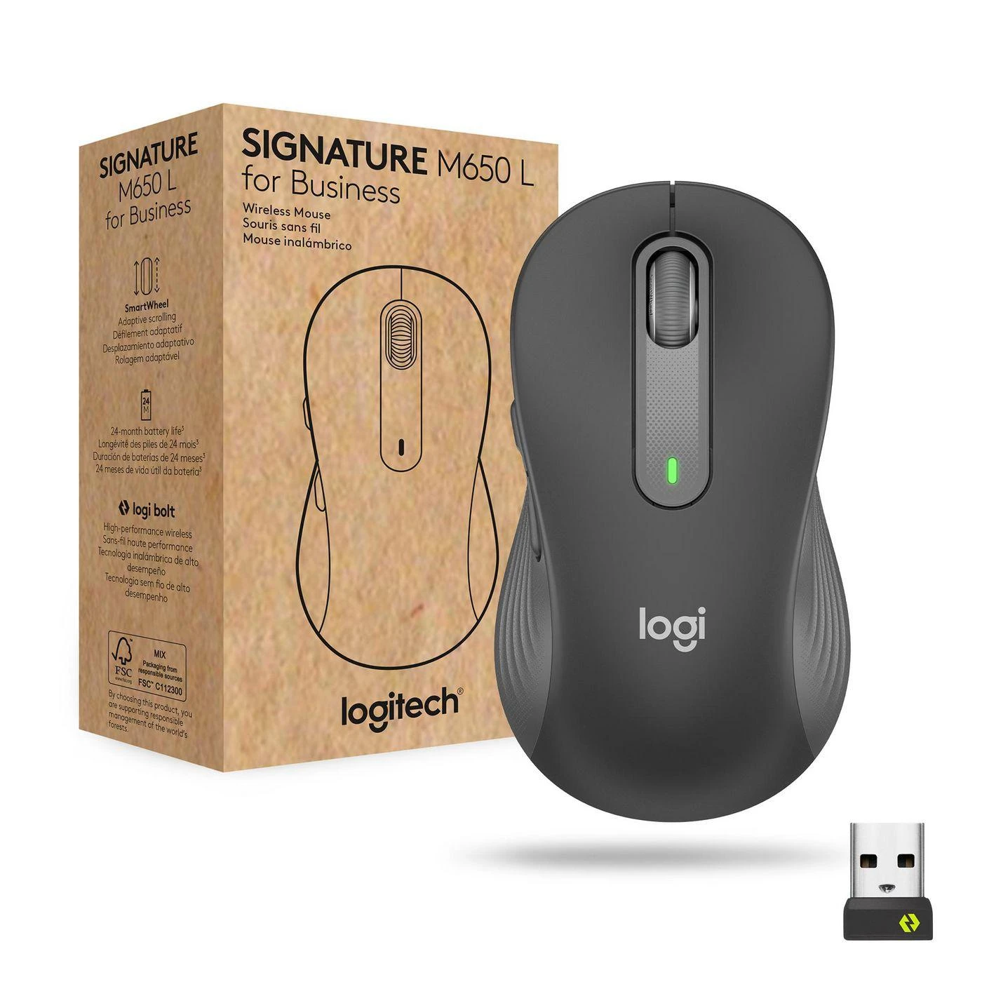LOGITECH Signature M650 verslui Optinė pelė 5 mygtukai wireless Bluetooth 2.4 GHz Bolt USB receiver graphite