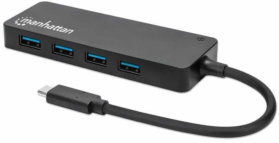 „Manhattan Manhatta“ 4 prievadų USB 3.2 Gen 1 šakotuvas, USB-C nuo 4 USB-A lizdų, 5 Gbps perdavimo sparta, maitinamas autobusu, Juodas, 164924