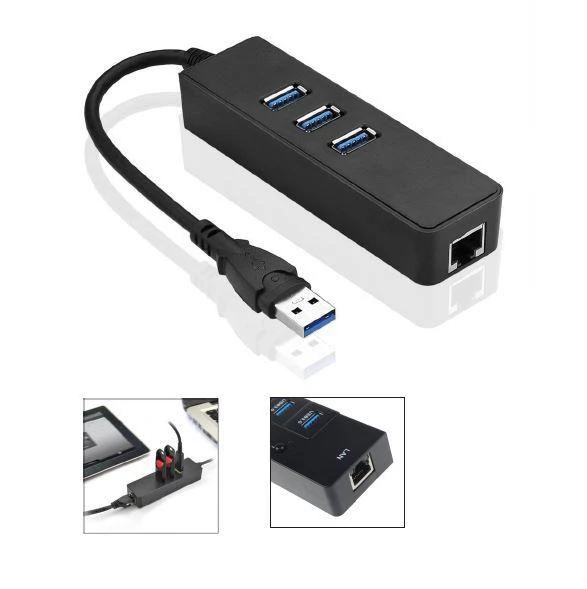 Juodas USB skirstytuvas su RJ-45 ir 3x USB 3.0 prievadais