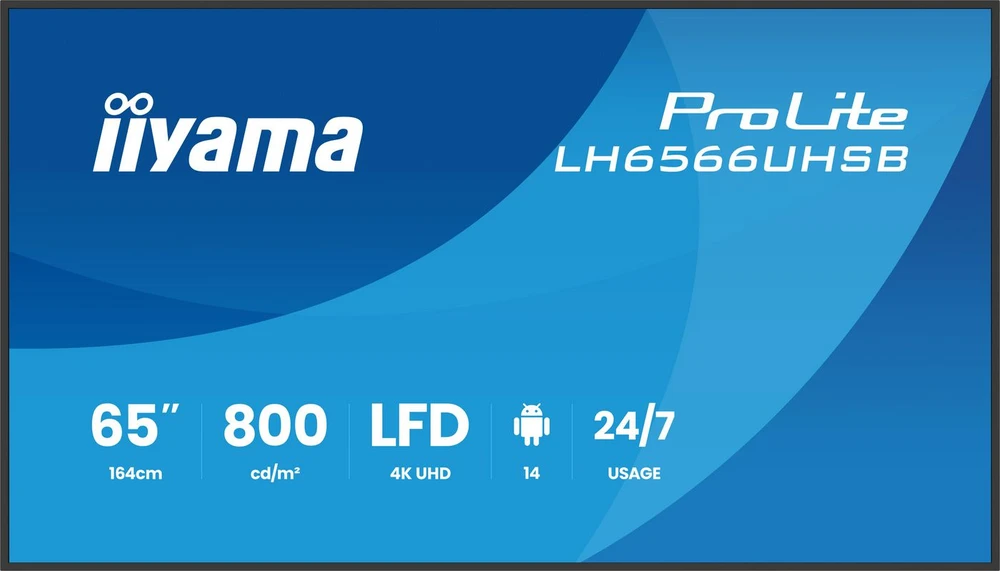 Monitorius iiyama LH6566UHSB-B1AG signage display – plokščias skaitmeninių reklamų ekranas, 165,1 cm (65"), LCD, Wi-Fi, 800 cd/m², 4K Ultra HD, juodas. Įmontuotas procesorius, Android, darbas 24/7.