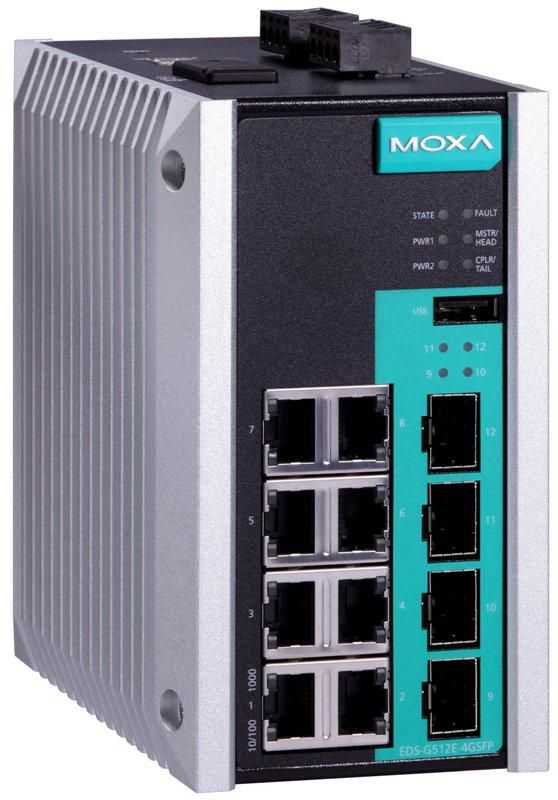 Šakotuvas Moxa Technologies „Moxa Industrial“ valdomas redundantas E EDS-G512E-4GSFP-T 8x10/100/100 - komutatorius - 1 Gbps