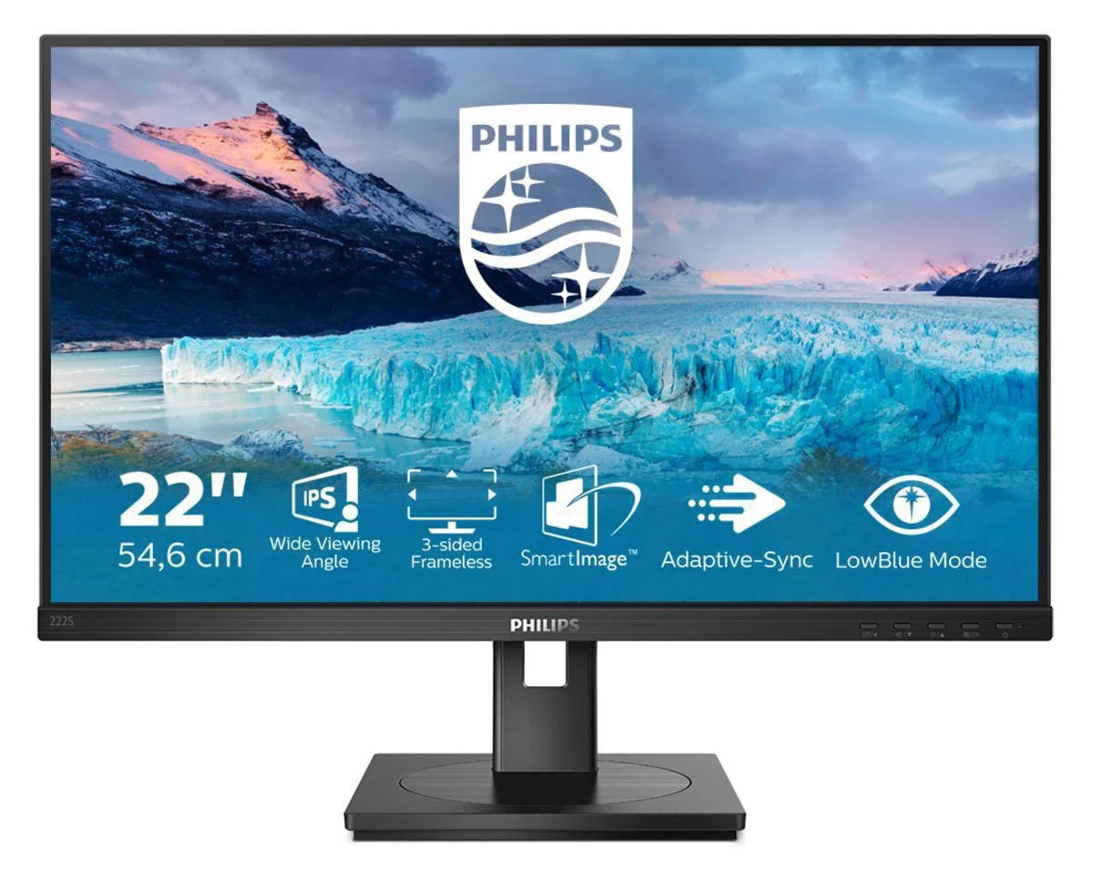 Monitorius „Mmd“ monitoriai, ekranai „PHILIPS 222S1AE/00“, 21,5 colio, IPS, WLED, 1920 x 1080, žemas Mėlyna režimas, DVI/HDMI/DP