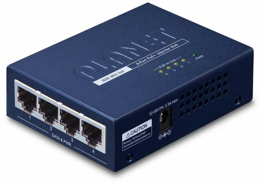 Planet 4 prievadų 802.3 ir 30 W didelės galios per Ethernet purkštuko šakotuvas – 120 W išorinis maitinimo adapteris