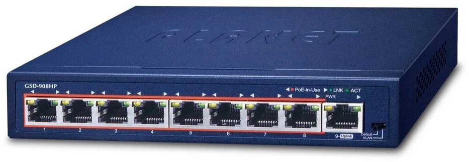 Šakotuvas Planet 8 prievadų 10/100/1000 Gigabit 802.3at POE Ethernet jungiklis ir 1 prievado Gigabit Ethernet jungiklis (120 W POE biudžetas su išoriniu maitinimo šaltiniu)