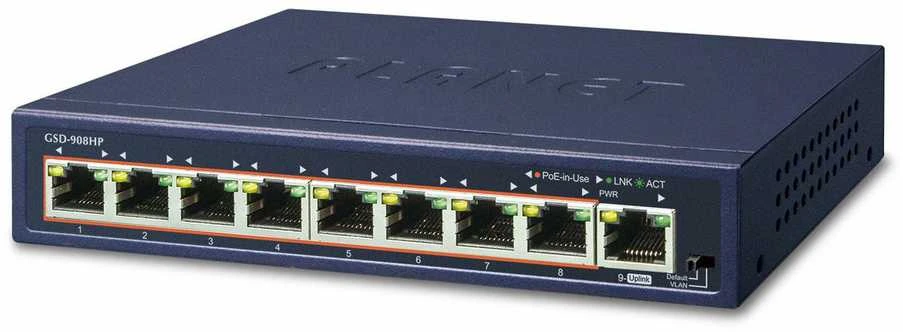 Šakotuvas Planet 8 prievadų 10/100/1000 Gigabit 802.3at POE Ethernet jungiklis ir 1 prievado Gigabit Ethernet jungiklis (120 W POE biudžetas su išoriniu maitinimo šaltiniu)