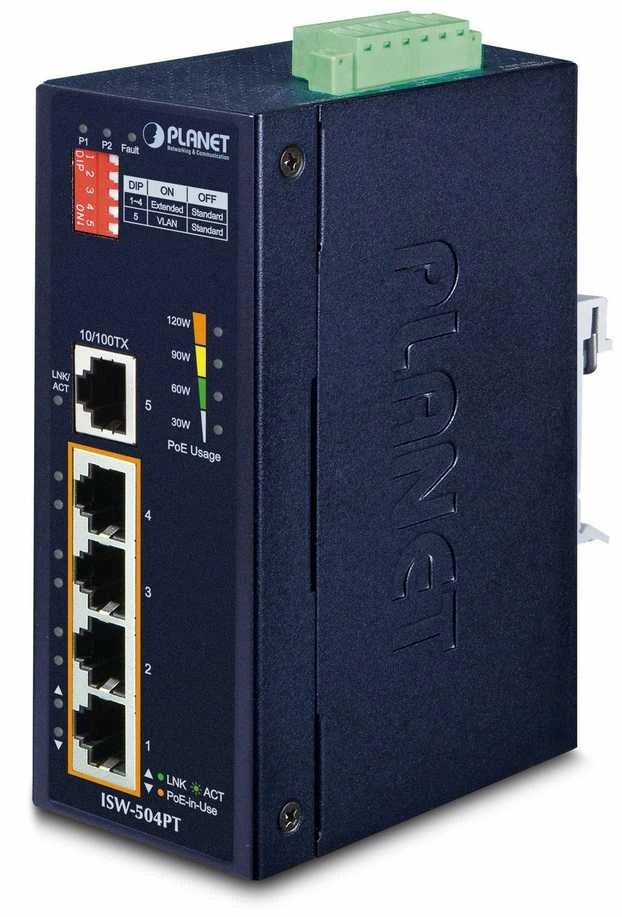 Šakotuvas Planet IP30 5 prievadų / TP POE pramoninis greitojo eterneto jungiklis (nuo -40 iki 75 C)