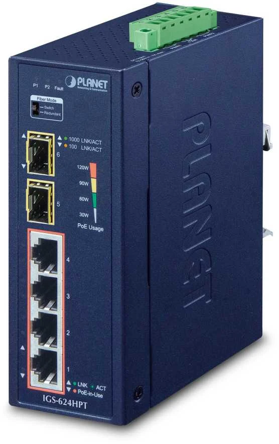 Šakotuvas Planet IP30 6 prievadų gigabitų jungiklis su 4 prievadų 802.3AT POE+ ir 2 prievadų 100/1000X SFP (nuo -40 iki 75 C)