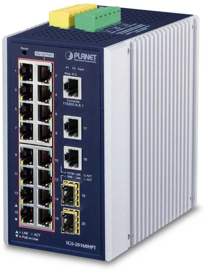Šakotuvas PLANET IGS-20160HPT tinklo jungiklis Valdomas L2/L3 Gigabit Ethernet (10/100/1000) Maitinimas per Ethernet (PoE) Mėlyna, Baltas
