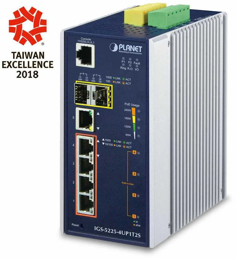 Šakotuvas Jungiklis Planet IP30 Industrial L2/L4 4-Port IGS-5225-4UP1T2S