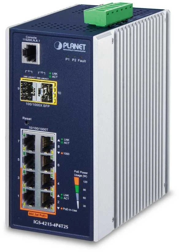 Šakotuvas Planet IGS-4215-4P4T2S tinklo jungiklis, valdomas L2/L4 Gigabit Ethernet (10/100/1000), palaiko PoE, mėlynas, baltas