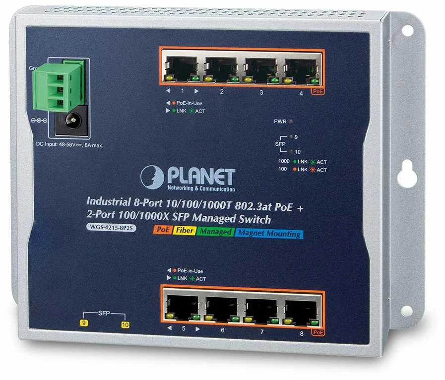 Šakotuvas SWITCH PLANET WGS-4215-8P2S 8X 1GB BASE-T POE/2X 1GB BASE-X SFP ZARZĄDZALNY L2/L4 pramoninis