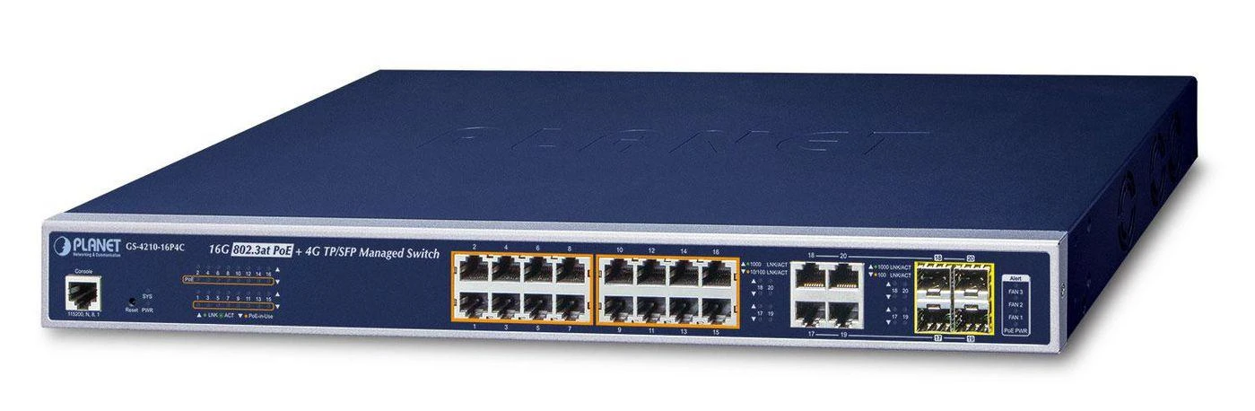Šakotuvas Planet 16-Port 10/100/1000T 802.3at PoE + 4-Port Gigabit TP/SFP Combo valdomas jungiklis / 220W