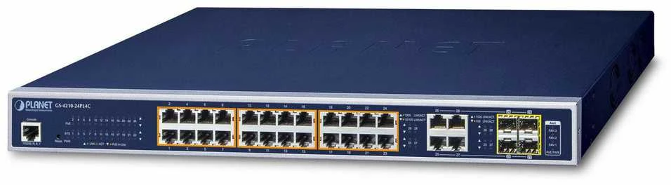 Šakotuvas Planet 24-Port 10/100/1000Mbps 802.3at PoE + 4-Port Gigabit TP/SFP Combo valdomas jungiklis / 440W