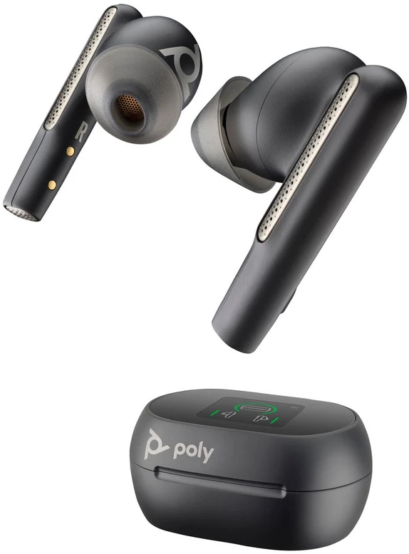 POLY Voyager Free 60+ UC, jutiklinio ekrano įkrovimo dėklas, USB-C, anglies juodos spalvos (P/N 216065-02), belaidės, skirtos darbui / skambučių centrui, ausinės, juodos spalvos