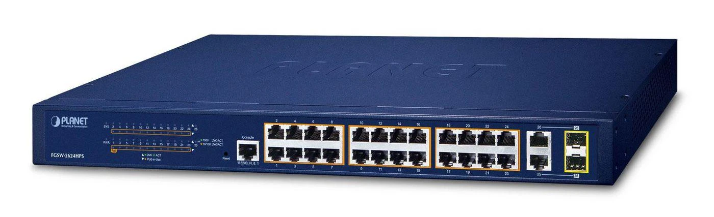 Šakotuvas „Planet FGSW-2624HPS“ 24 prievadų komutatorius su 24 PoE + 2 gigabito TP/SFP deriniu