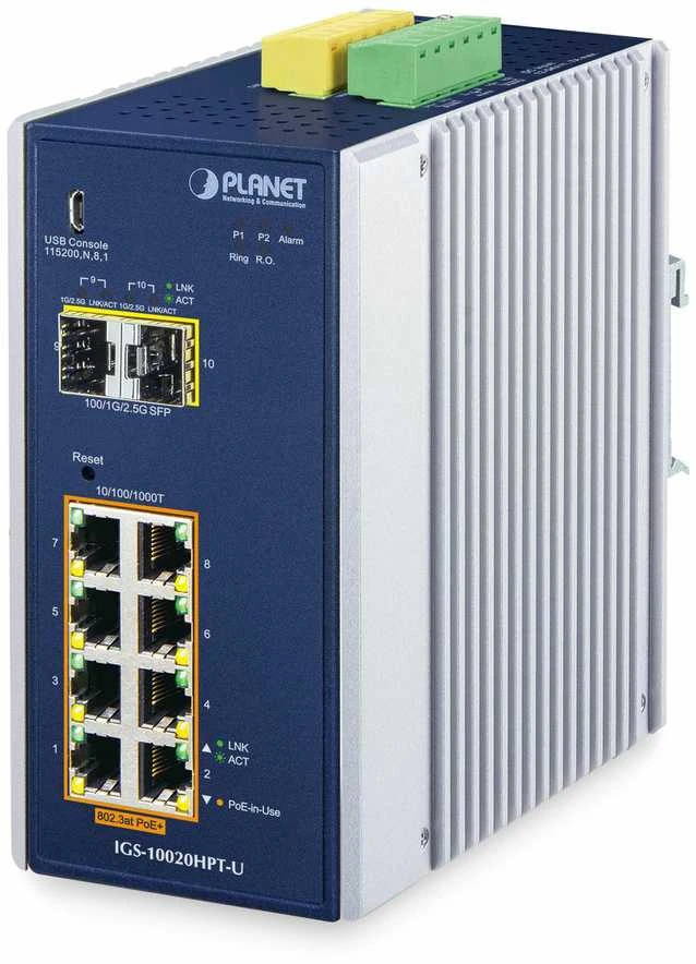 Šakotuvas PLANET DIN-Rail L2+/L3 valdomas valdomas L2+ gigabito Ethernet (10/100/1000) Maitinimas per Ethernet (PoE) Aliuminio, Mėlyna
