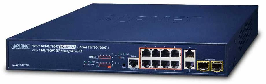 Šakotuvas SWITCH PLANET GS-5220-8P2T2S 8X 1GB BASE-T/2X 1GB BASE-T/2X 1GB BASE-X SFP ZARZĄDZALNY L2+ GIGABIT