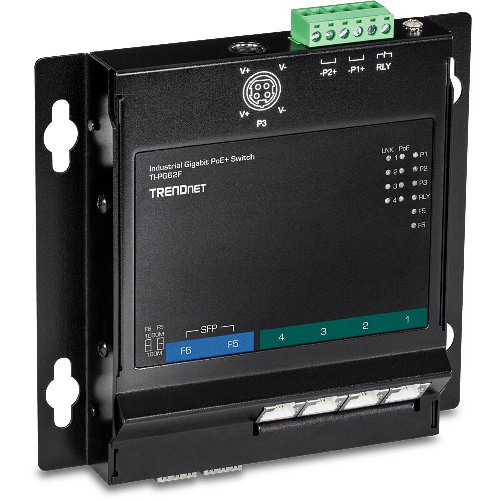 Šakotuvas TRENDnet 6 jungčių pramoninis Gigabit PoE+ WallMount priekinis Acc.