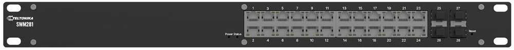 Šakotuvas Teltonika | 24 prievadų Gigabit Ethernet jungiklis PROFINET ir MRP palaikymas | SWM281 | Valdomas | Montuojamas į stelažą | SFP jungčių kiekis 4