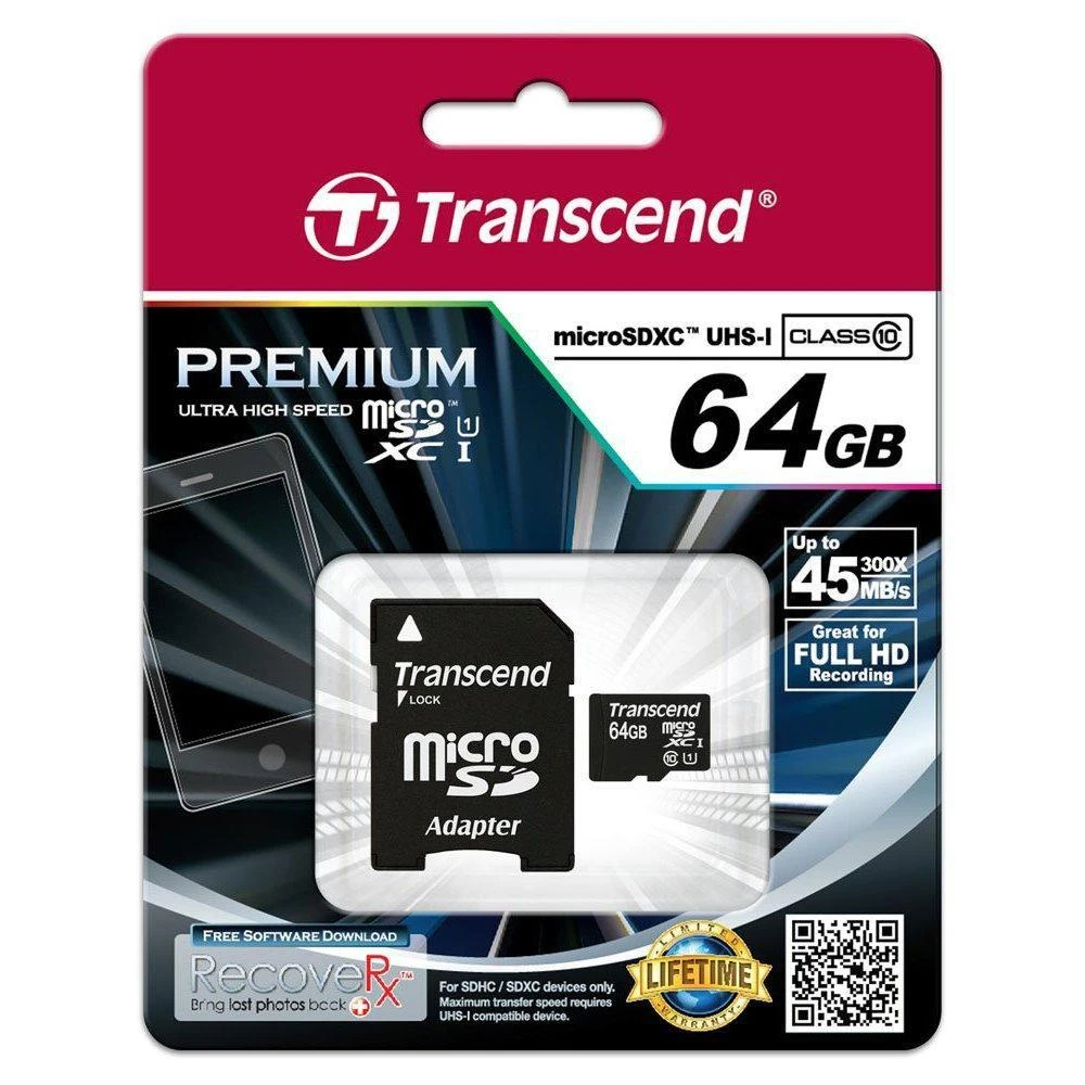 Atminties kortelė TRANSCEND 64GB Micro SDXC Class10 UHS-1 su adapteriu