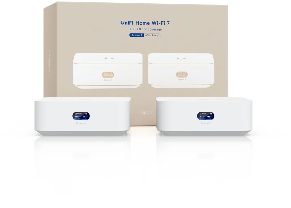 Šakotuvas 2 vnt. rinkinys Ubiquiti UniFi Express 7 debesų tinklų vartai WiFi 7 (WLAN BE) trijuose dažniuose, 1x 10G WAN, 1x 2.5G LAN