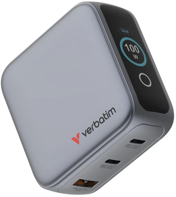 Verbatim Mini GaN Charger 100W with Ekranas, 2× USB-C PD, 1× USB-A QC 3.0, Juodas