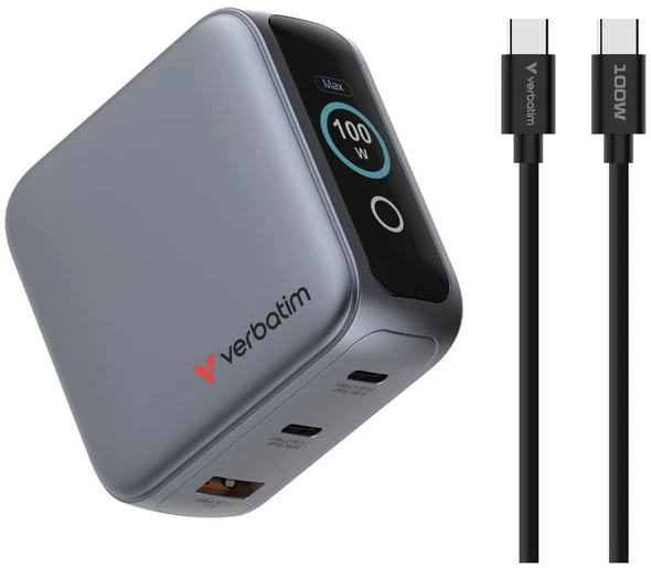 Verbatim Mini GaN Charger 100W with Ekranas, 2× USB-C PD, 1× USB-A QC 3.0, Juodas