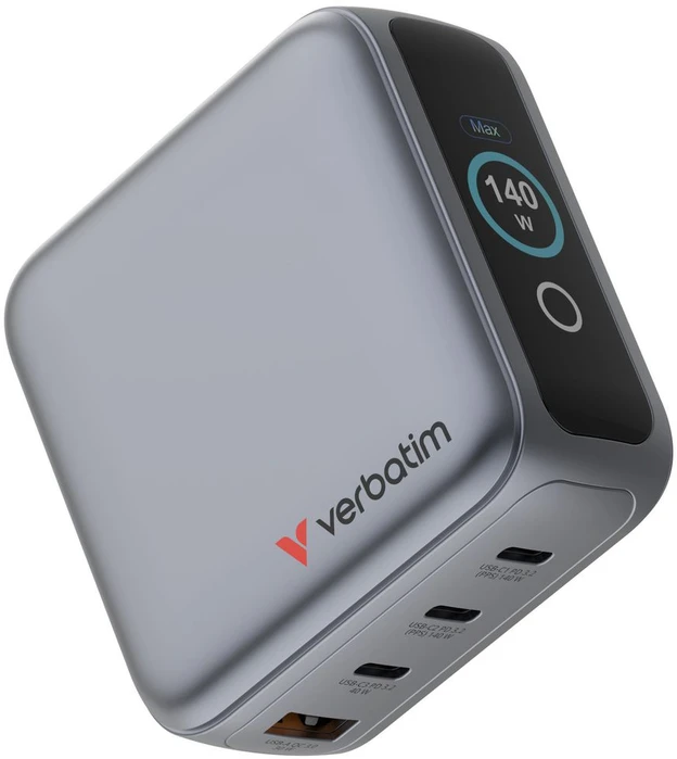 Verbatim Mini GaN Charger 140W with Ekranas, 3× USB-C PD, 1× USB-A QC 3.0, Juodas