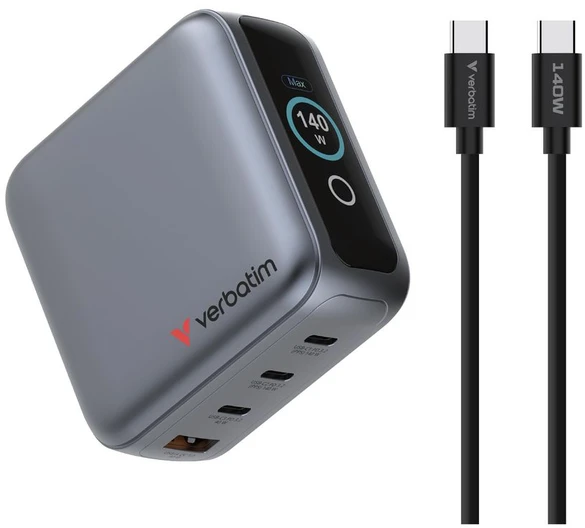 Verbatim Mini GaN Charger 140W with Ekranas, 3× USB-C PD, 1× USB-A QC 3.0, Juodas