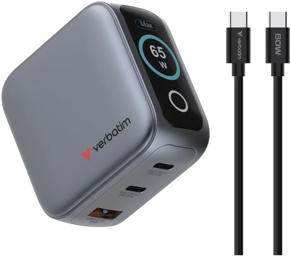 Verbatim Mini GaN tinklo įkroviklis 65W 2xUSB-C PD/1x USB-A QC EU/UK/USA adapteris, juodos spalvos 30238