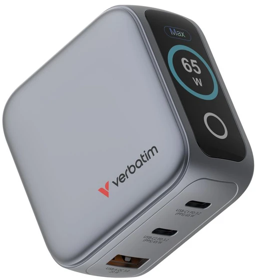 Verbatim Mini GaN mains charger 65W 2xUSB-C PD/1x USB-A QC EU/UK/USA adapter juodos spalvos 30238