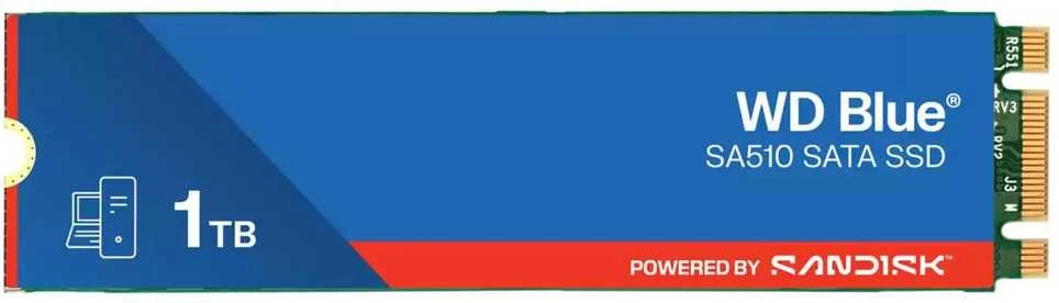 WD Mėlyna SA510 SSD 1 TB M.2 2280 SATA III 6 Gb/s vidinis, vienos pakuotės, maitinamas „SANDISK“