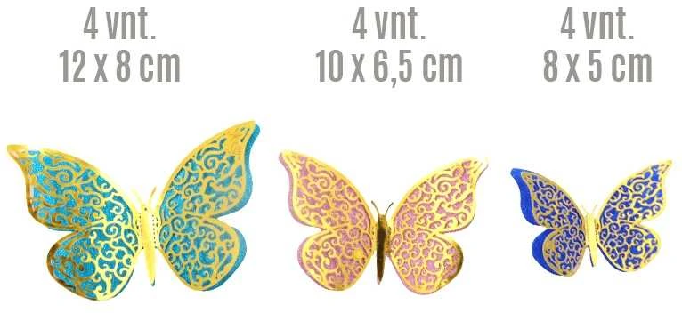 3D lipdukai Drugeliai, 12 vnt. - Auksinė