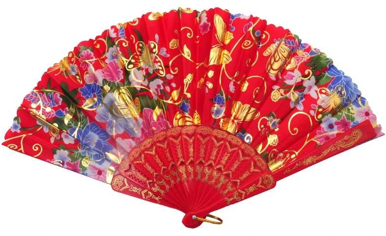 Atlasinė vėduoklė su auksiniai drugeliais, 23 cm - Rožinė