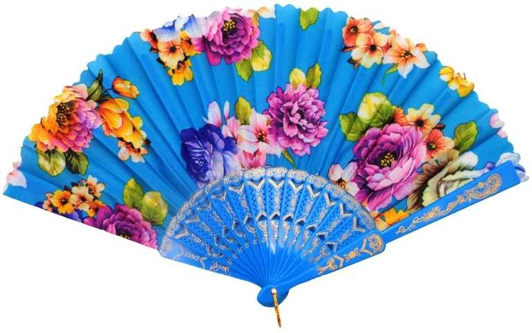 Atlasinė vėduoklė su bijūnais, 23 cm - Juoda