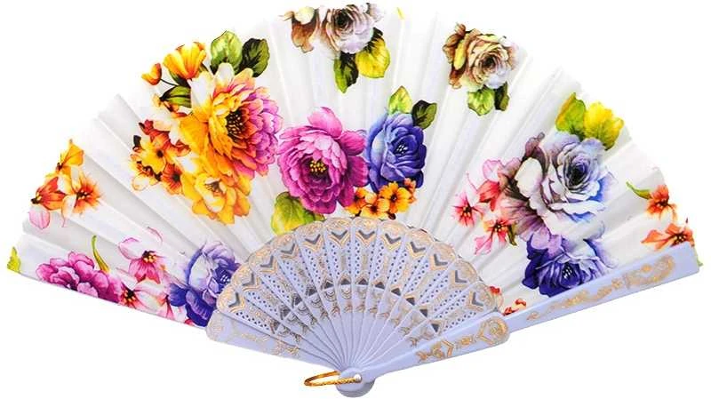 Atlasinė vėduoklė su bijūnais, 23 cm - Juoda
