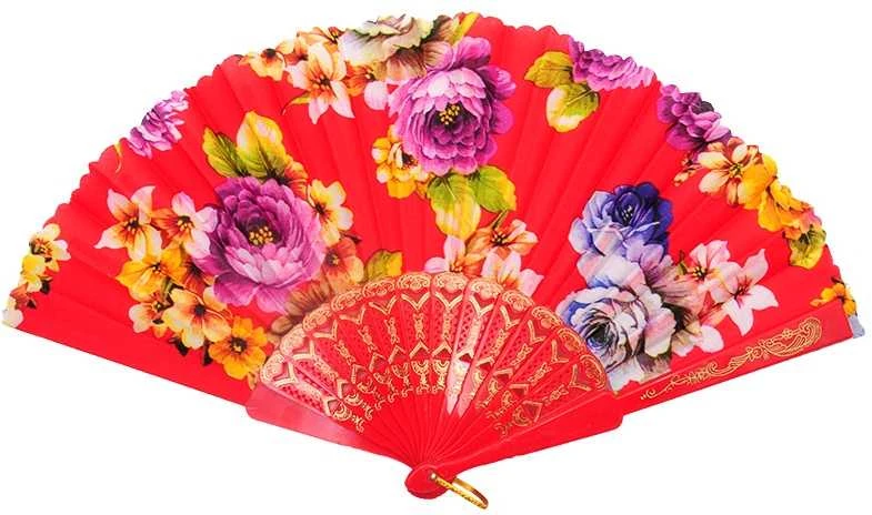 Atlasinė vėduoklė su bijūnais, 23 cm - Mėlyna