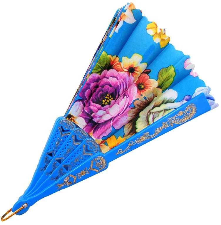 Atlasinė vėduoklė su bijūnais, 23 cm - Mėlyna