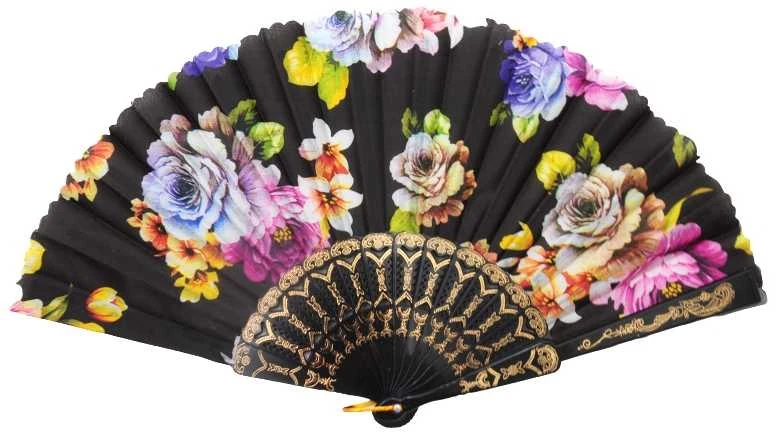 Atlasinė vėduoklė su bijūnais, 23 cm - Mėlyna