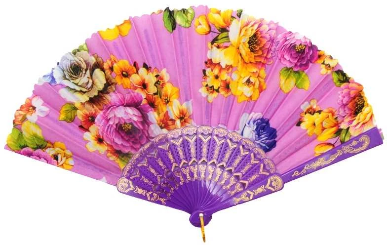 Atlasinė vėduoklė su bijūnais, 23 cm - Mėlyna