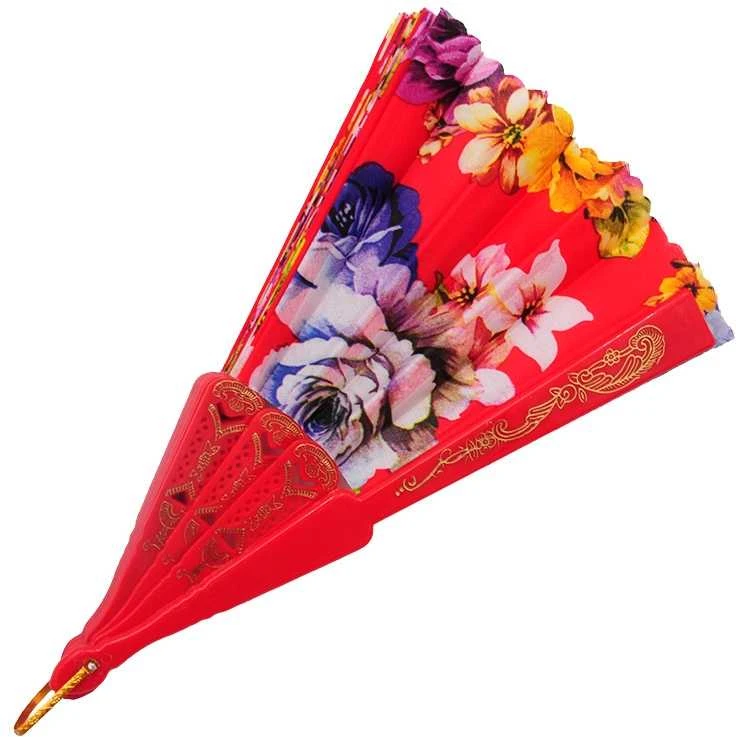 Atlasinė vėduoklė su bijūnais, 23 cm - Rožinė
