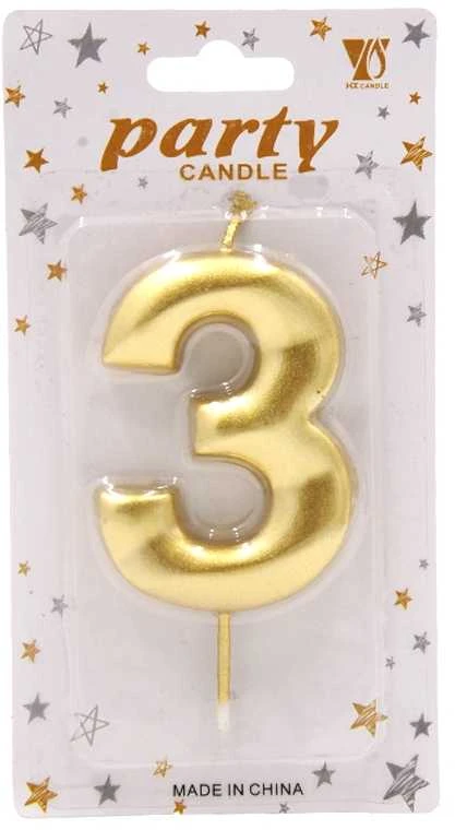 Auksinė žvakutė tortui skaičius "3"