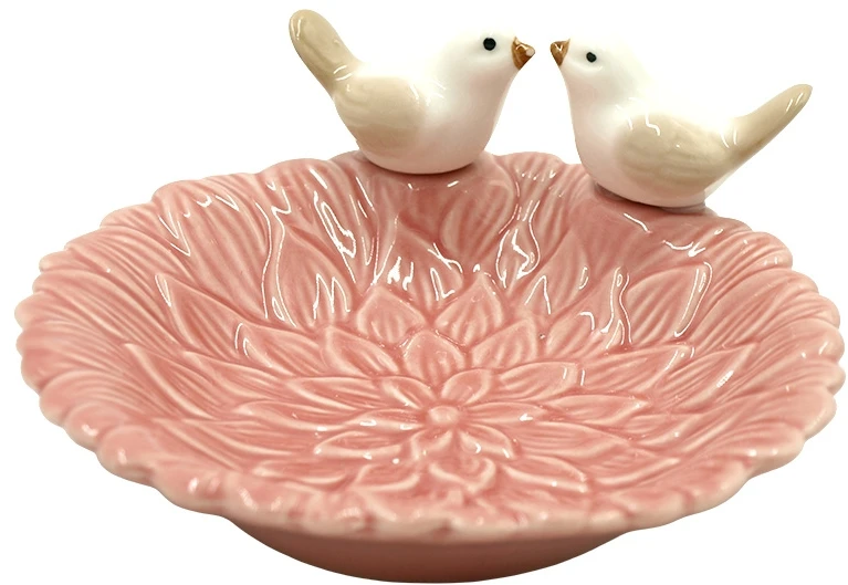 Dekoratyvinė keraminė lėkštutė su dviem paukšteliais, 13 cm - Rožinė