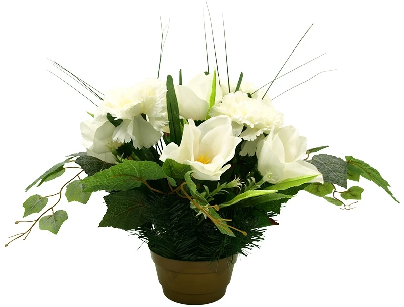 Dirbtinė gvazdikų ir magnolijų žiedų puokštė vazone