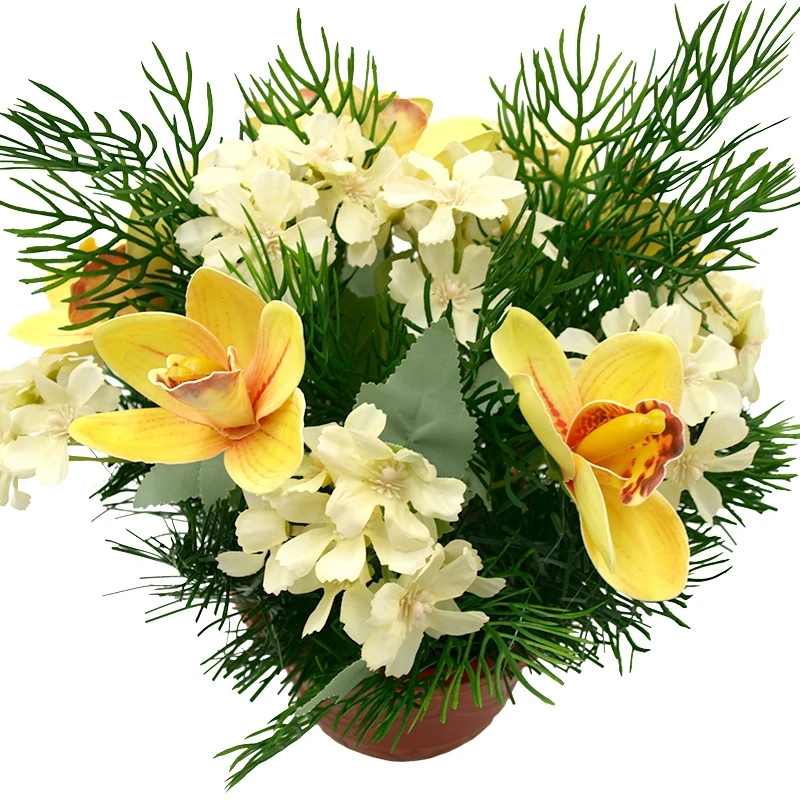 Dirbtinė orchidėjų ir hortenzijų puokštė vazone